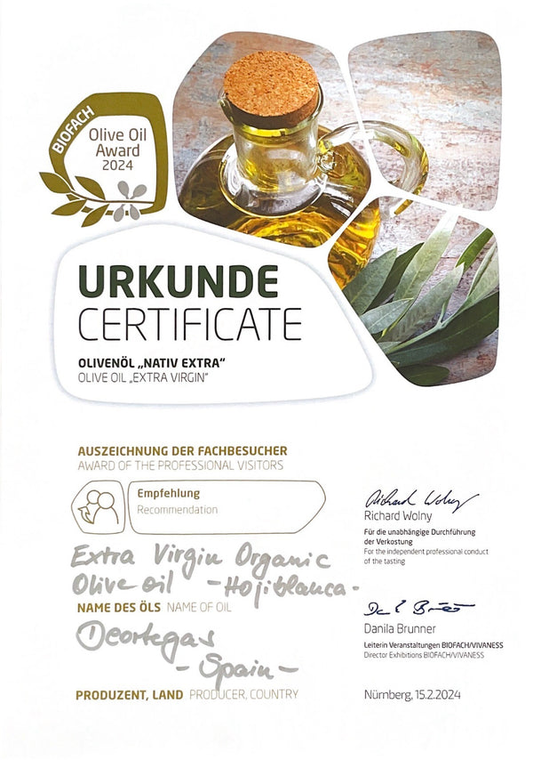 Hojiblanca Deortegas premiada en el concurso Olive Oil Award Biofach 2024, Alemania